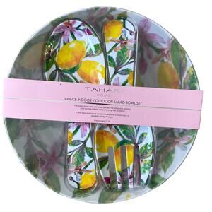 3 pc TAHARI HOME Tropical Floral Lemons Melamine Salad Serving & Utensil Set NEW